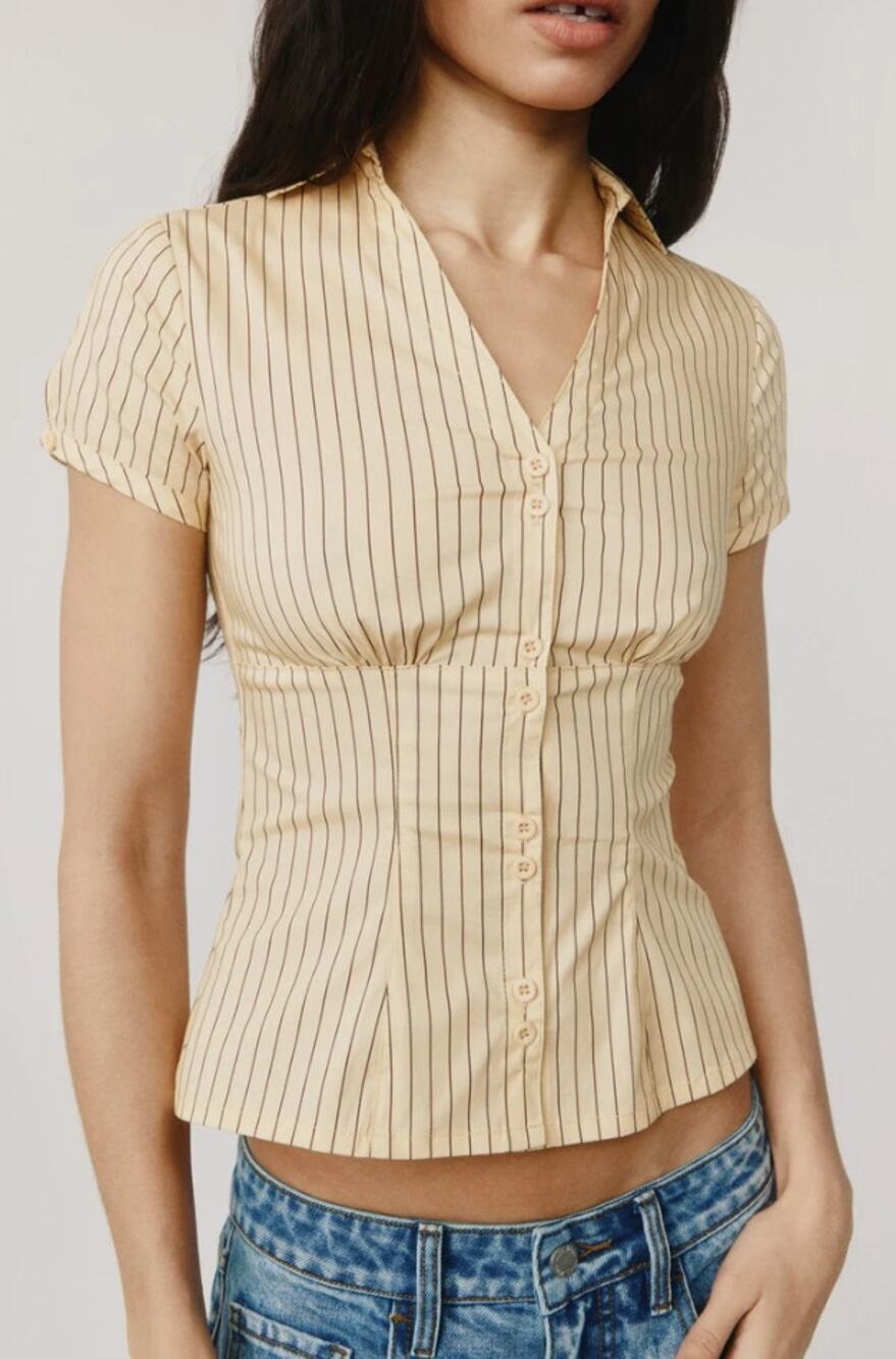 With Jéan Mikayla Top Beige Pinstripe Fitted Button Up Blouse Office Siren Small